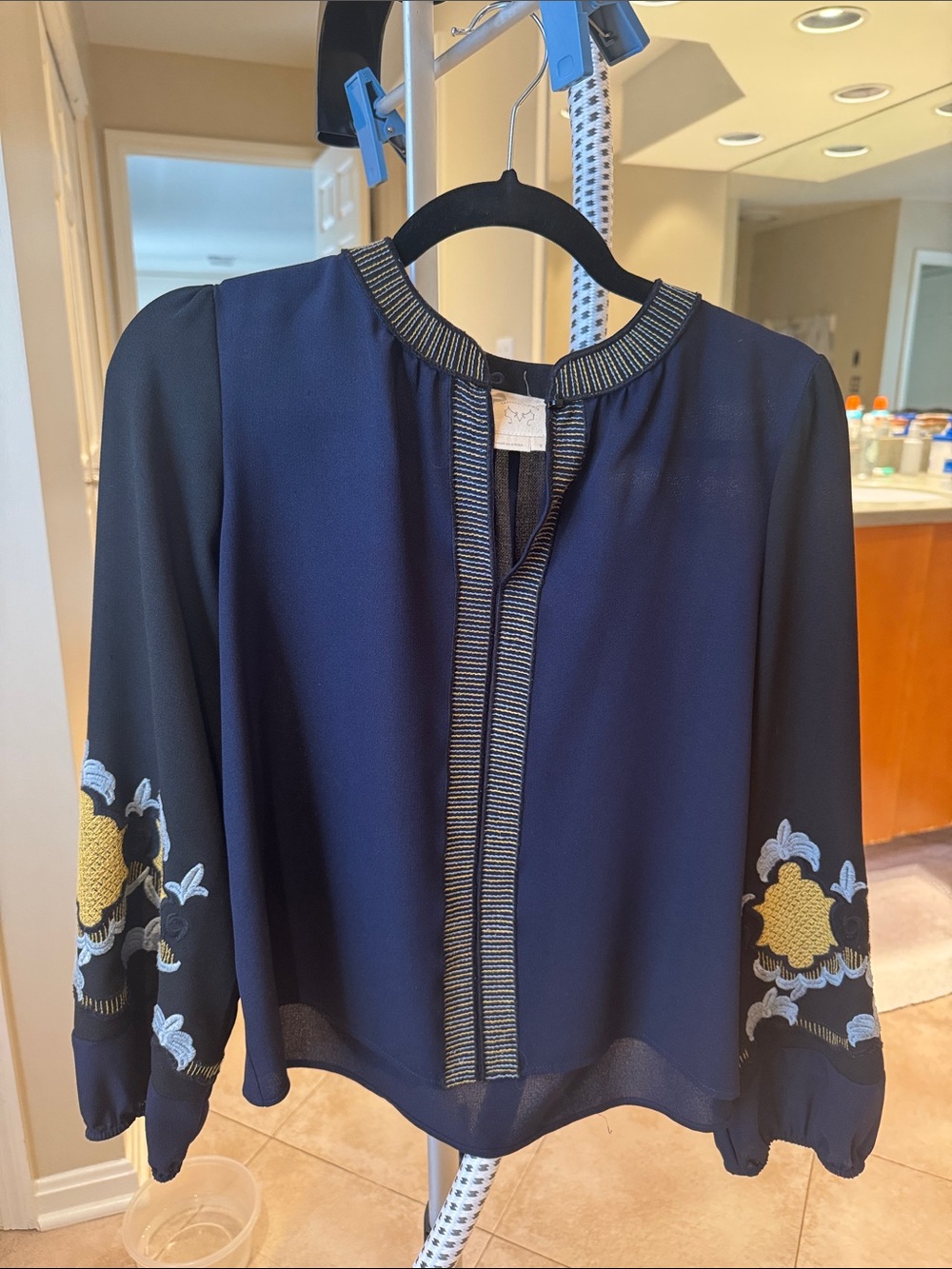 Embroidered Navy Long-Sleeve Blouse with Metallic-Trim Neckline